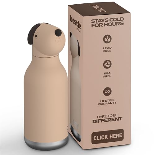asobu Bestie Bottle Insulated Stainless Steel Water Bottle with Detachable Soft Animal Head Fun Drinking For Kids and Teens16 Ounce (Beige Dog) - color: Beige Dog