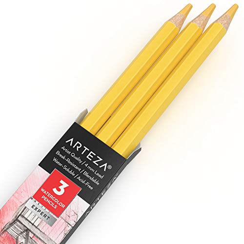 Arteza Professional Watercolor Pencils, Pack of 3, A102 Jasmine Yellow, Water-Soluble Pencils for Coloring, Blending, Layering & Watercolor Techniques - color: A102 Jasmine Yellow, size: 1 Count (Pack of 3)