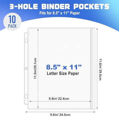 Antner 10 Pack Letter Size Binder Pockets 3 Ring Binder Zipper Pouch, 3-Hole Waterproof Resealable Zip Loose Leaf Insert Bags PVC Document Organizer Folders Page Sheet Protectors for 8.5x11 Paper