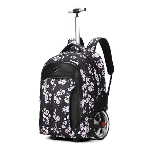 WMHYLYH Rolling Backpack with Wheels, Waterproof Backpack with Large Wheels for Business and Travel Commuter, Carry on Backpack with Laptop Compartment for Women and Men Adult (Black-Flower, 20inch) - color: Flower, size: 20 inches