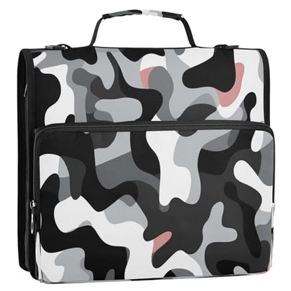 Black and White Camouflage Zipper Binder 3 Ring with Shoulder Strap and Handle Multiple Pockets Expanding File Folder Organizer