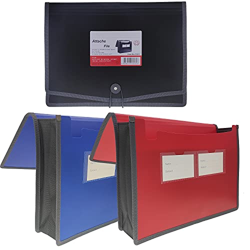 Premium Quality Plastic Expanding File Folder Document Organizer, 3.5" Expansion, A4 Letter Size for Home School Office Organization, 3 Pack (RED/Blue/Black) - color: Red/Blue/Black