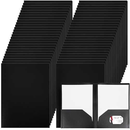 Patelai 50 Pack Plastic Folders with Pocket Bulk 2 Pocket Heavy Duty Letter Size Folders Business Card Holder for School Office File(Black Color) - color: Black Color