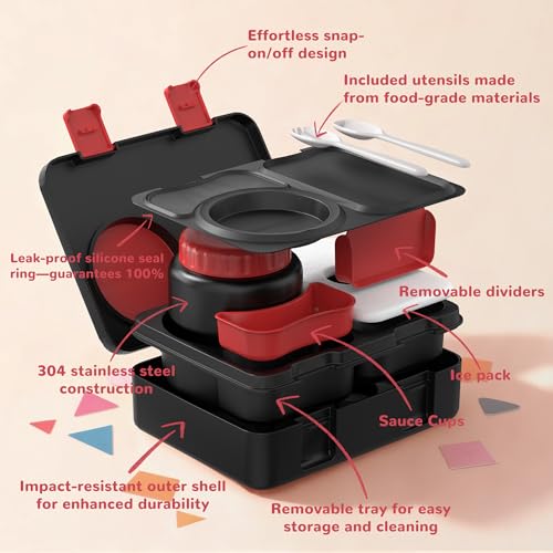 Bento Box for Kids, Leakproof Kids Bento Lunch Box Container with 8oz Insulated Thermo Food Jar, Sauce Jar, Utensil, DIY Stickers for School Boys Girls, 3-4 Compartments, BPA-Free - color: Black Red
