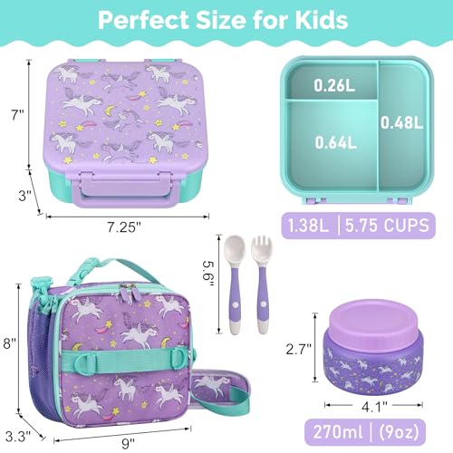 Kids Lunch Box Set with Bento Box, 9oz Stainless Steel Thermo & Insulated Lunch Bag – Hot & Cold Leakproof Lunch Container with Utensils for School & Travel - color: Purple