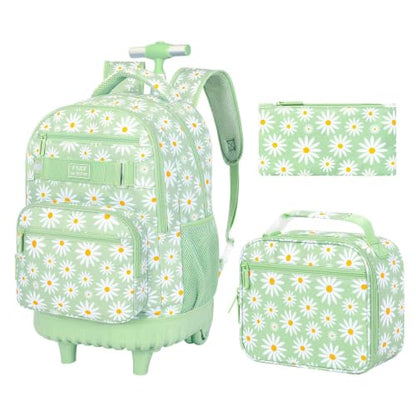AGSDON Elegant Chrysanthemum Rolling Backpack Set – 20” Girls Roller Bookbag with Matching Lunch Box for Travel, Commute & School | Water-Resistant Fashion Wheeled Organizer in Flower Cyan - color: Rolling Backpack Set - Daisy Green