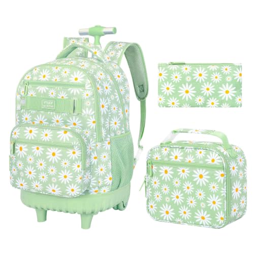 AGSDON Elegant Chrysanthemum Rolling Backpack Set – 20” Girls Roller Bookbag with Matching Lunch Box for Travel, Commute & School | Water-Resistant Fashion Wheeled Organizer in Flower Cyan - color: Rolling Backpack Set - Daisy Green