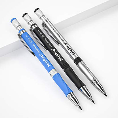 Nicpro 11 Pieces 2mm Mechanical Pencil Set, 3 PCS Carpenter Drafting Pencil 2.0 mm for Art Drawing Writing Sketching Construction with 6 Tube Pre-Sharpen HB & 2B Refill, Eraser, Sharpener - color: Black