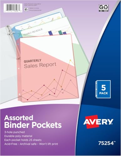 Avery Binder Pockets for 3 Ring Binders, Assorted Colors, Fits 8.5" x 11" Documents, Acid-Free and Archival-Safe (75254), 5 Count (Pack of 12) - size: 5 Count (Pack of 12)