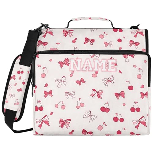 Custom 3 Ring Zipper Binder Bows and Cherries Personalized Name 1.5 inch Binders Large Capacity Multi Pockets for School Office Supplies - color: Custom Bows and Cherries