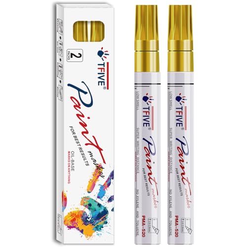 TFIVE Gold Permanent Markers Paint Pens, 2 Pack Oil Based Paint Markers | Metallic, Waterproof, Quick Dry, Never Fade, Medium Tip Marker Pens for Rock, Wood, Metal, Plastic, Canvas, Glass, Rubber - color: Gold