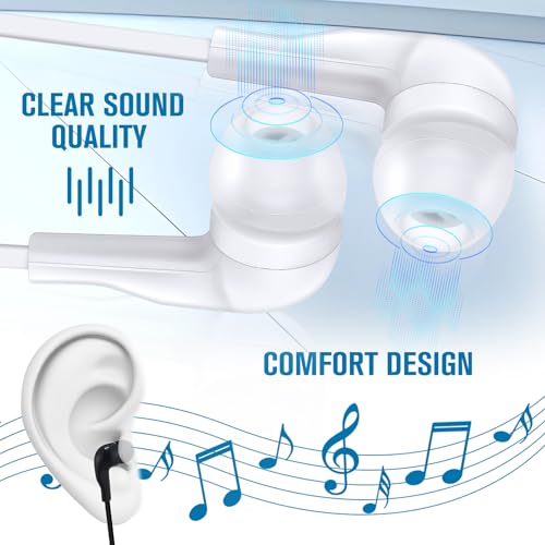 Kanayu 100 Pack Earbuds Bulk Earphones for School Classroom, Student Wired Earbuds Headphones Without Mic, Earphones Bulk for Adults School Library Laptop, Individually Bagged(Black and White) - color: Black and White