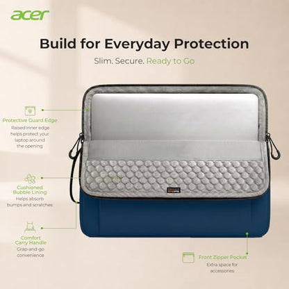 Acer Laptop Sleeve Case for 15.6-16 inch Laptops, Slim Protective Computer Sleeve with Hidden Zipper Pocket, Soft Plush Bubble Padding, Side Handle and Luggage Strap, Travel Laptop Bag, Blue | Slim, Soft Bubble Padding, Extra Front Storage, Wrist Strap, S