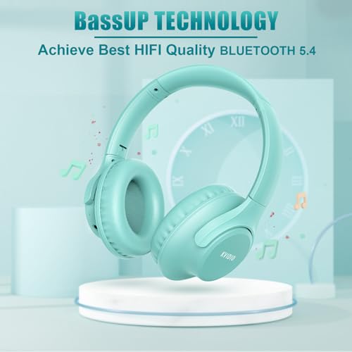 KVIDIO Bluetooth Headphones Over Ear, 65 Hours Playtime Wireless Headphones with Microphone, Foldable Lightweight Headset with Deep Bass, HiFi Stereo Sound Low Latency for Travel Work Cellphone - color: Green