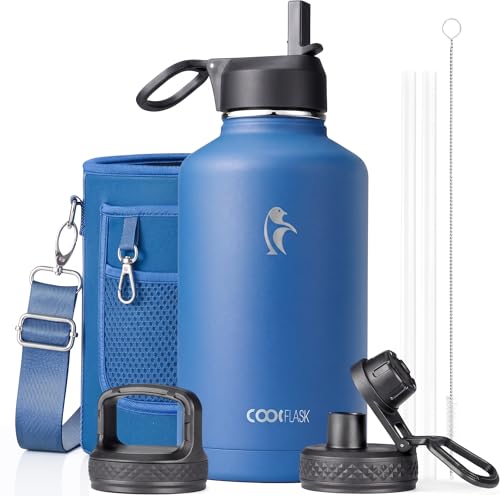 Water Bottle Insulated 64 oz with Straw & 3 Lids, Coolflask Half Gallon Water Jug Large Metal Stainless Steel Wide Mouth for Sports, Gym or Office, Non-BPA Keep Cold 48H Hot 24H, King's Blue - color: King's Blue, size: 64 Ounces