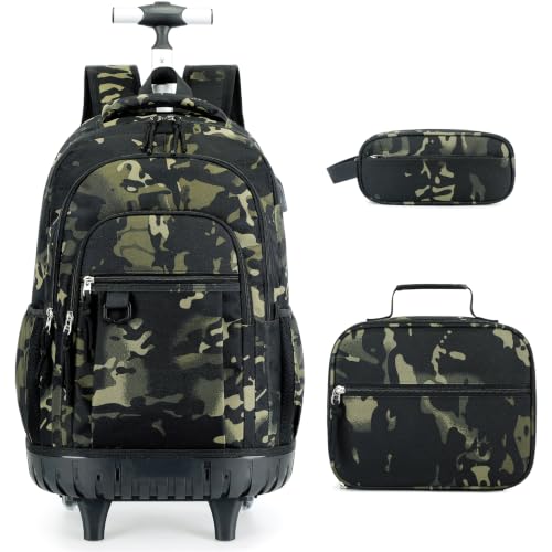 DIGOBAY Rolling Backpack for Boys, Cool Boys Backpack with Wheels, Kids Wheeled backpacks Set with Lunch Bag Pencil Case for Teen Boy, Roller School Bag with Wheels for Elementary Middle School - color: Black and Green Camo