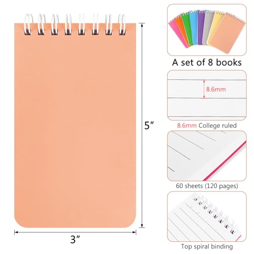 KTOJOY Small Spiral Notebook, 8 Pack, 3" x 5", Mini Pocket Notepad for Work, School, Office, Nurse, Travel
