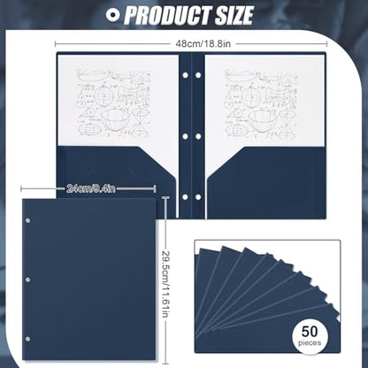 Yeaqee 50 Pcs Plastic Folders with Pockets Bulk 3 Hole Punched 2 Pocket File Folders for 3 Ring Binder Divider Folder for Notebooks, Durable Poly for Office Home (Navy Blue) - color: Navy Blue