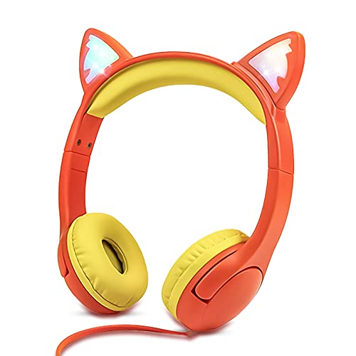 Olyre Kids Wired Headphones, LED Cat Ears, Share Port, Mic, Volume Limited | Orange; Tangle-Free cord; Headset for toddlers, girls, travel, classroom, homeschool; Sparkling birthday gifts for children - color: Orange
