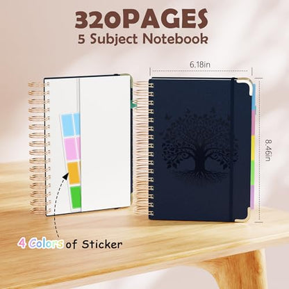 QIYVLOS Hardcover Spiral Notebook, A5 Journal with Removable Dividers Tabs, 5 Subject Notebook College Ruled, 320 Pages 6"x8" Leather Notebooks for Work School Study, Lined Journal for Women, Navy - color: A5/Navy
