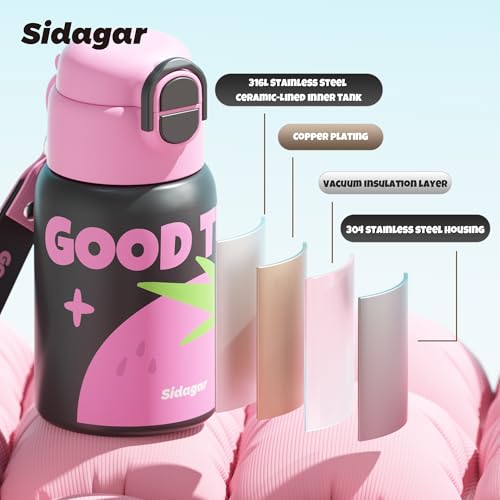 SDGA+ Kids Insulated Water Bottle with Shoulder Strap - 22 oz Kawaii Stainless Steel Tumbler with 3D Fuzzy Charm, Leak-Proof Flip Top & Vacuum Flask for School, Travel, BPA Free, Pink - color: Pink