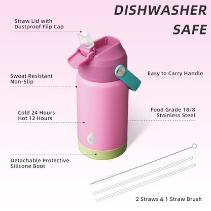 BJPKPK Insulated Water Bottle with Straw Lid, 12oz Thermo Water Bottles, Flex Handle & Non-slip Boot, BPA Free Leak Proof Stainless Steel Metal Thermo, Tumblers, Cups,Rose Pink - color: Rose Pink, size: 12 Ounces