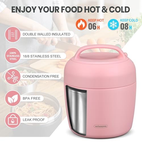 wiwens Thermo Food Jar for Hot Food Adults 32OZ Soup Thermo Lunch Containers Wide Mouth Vacuum Insulated Stainless Steel Leakproof Bento Box with Spoon - color: Pink3