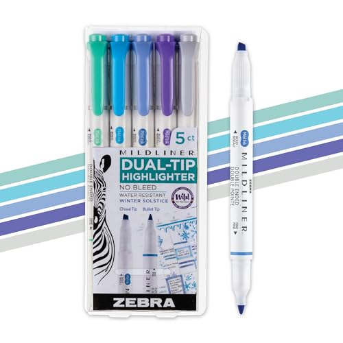 Zebra Pen MILDLINER No Bleed Highlighter, Winter Solstice, Dual Tip, 5-Pack | Broad and Fine Point Tip Marker Set, Ideal for Bible Highlighting, Journaling, School, Teacher and Office Supplies (78325) - color: Winter Solstice