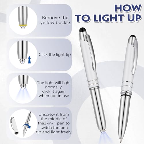 Zonon 15 Pieces 3 in 1 Multi-Function Touch Pen with LED Flashlight and Stylus Tip Multi-Function Ballpoint Pen, 1.0 mm Black Ink Ballpoint for Touch Screens Back to School Gifts(White) - color: White