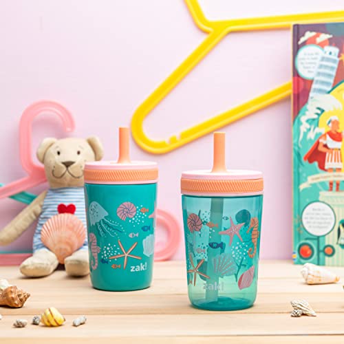 Zak Designs Shells Kelso Tumbler Set, Leak-Proof Screw-On Lid with Straw, Bundle for Kids Includes Plastic and Stainless Steel Cups with Bonus Sipper (3pc Set, Non-BPA) - color: Shells, size: 3 Piece Set (Pack of 1)