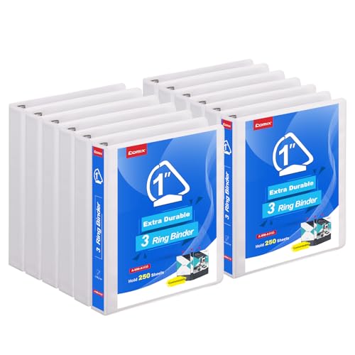 COMIX Heavy Duty Slant-D Ring View Binder, 1 inch 3 Ring Binders, Hold 225 Sheets of 8.5" x 11" Paper, 12 Pack (White) - color: White, size: 1 inch, style: 12 Pack