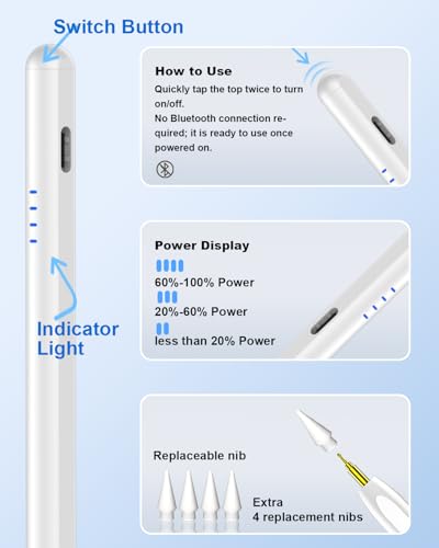Stylus Pen for iPad (2018-2026), Fast Charge for iPad Pencil with Palm Rejection, Active Pen Compatible with Apple iPad A16 11/10/9/8/7/6, iPad Pro M5/M4/11/12.9", Mini 5/6, Air 3/4/5/M2/M3 - color: A19D-White