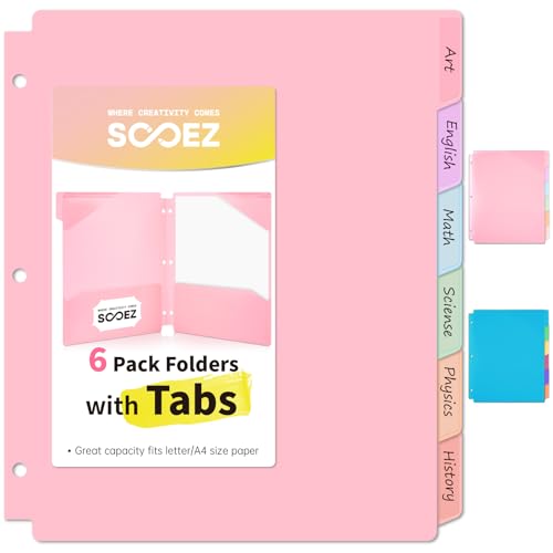 Sooez Plastic Folders with Pockets and Tabs, 6 Pack Pocket Folders with Writable Label Stickers, Fits 3-Ring Binder, Holds Letter/A4 Size Paper, Back to School Office Filing Supplies, Pastel Colors - color: Pastels Colors