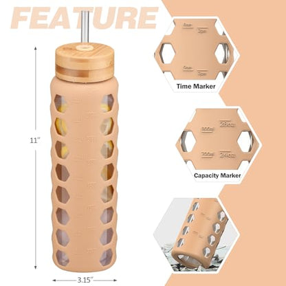 MUKOKO Glass Water Bottle, 32oz, Amber | Glass Tumbler with Straw, Drinking Bottles with 2 Lids-Handle Spout Lid & Bamboo Straw Lid, Silicone Sleeve, 1 Pack - color: Amber, size: 32 Ounces
