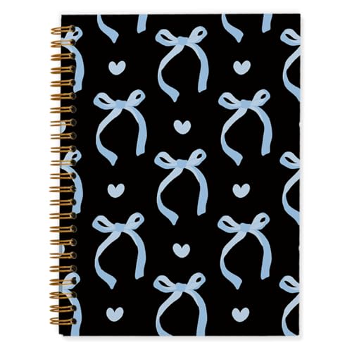 QUICQOD Coquette Blue Bow Spiral Notebook with Black Cover 5.5x8.3 Inch | Preppy School Supplies for Teen Girls, Cute Journal for Women, Hardcover Notebook for School Office, Back to School Gifts - color: blackblue