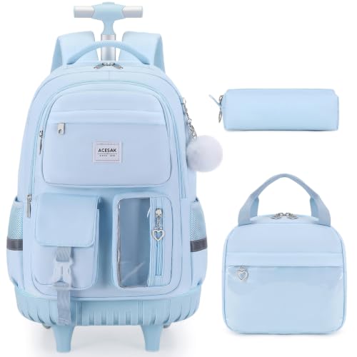 ACESAK Rolling Backpack for Girls, Roller Backpack with Lunch Bag & Pencil Pouch for Teen Girls Kids, Bookbag Backpack with Wheels for Women Elementary Middle High School Travel (Blue) - color: Blue