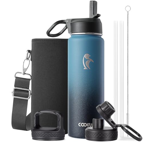 Coolflask Water Bottle 24 oz Insulated with Straw, Stainless Steel Metal 3 Lids Water Flask Wide Mouth for Sports or Office, Non-BPA Keep Cold Up to 48 Hrs or Hot Up to 24 Hrs, Samurai Cyan - color: Samurai Cyan, size: 24 Ounces