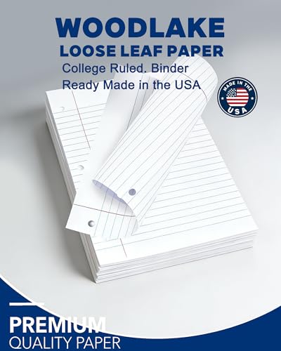 Woodlake Loose Leaf Paper, College Ruled Notebook Paper, 8 x 10.5”, 150 Sheets per Pack, 3 Pack, Lined Filler Paper, 3 Hole Punched, 65gsm, Made in USA - color: College Ruled, size: 3 PACK(450 SHEETS)