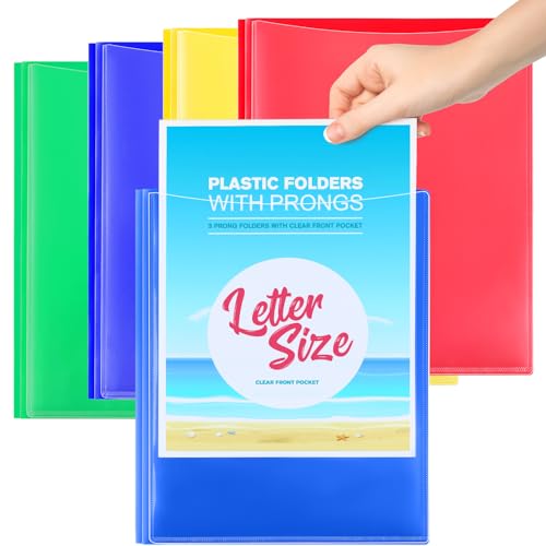 KTRIO 4 Pack 3 Prong Folders, Clear Front Pocket, Letter Size, 4 Colors | Clear Front Pocket, 3 Prong Fasteners, Heavy Duty Poly, Letter Size Fit, 4 Assorted Colors - size: 4 Pack, style: 3 Prongs