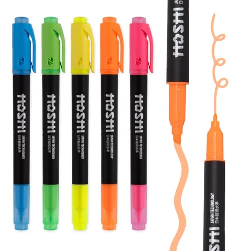 Hoshi 5PCs Premium Fluorescent Dual Tip Highlighters, Assorted Aesthetic Colors Highlighter Set, High Ink Capacity, No Bleed, Quick Dry for Arts, Craft Projects