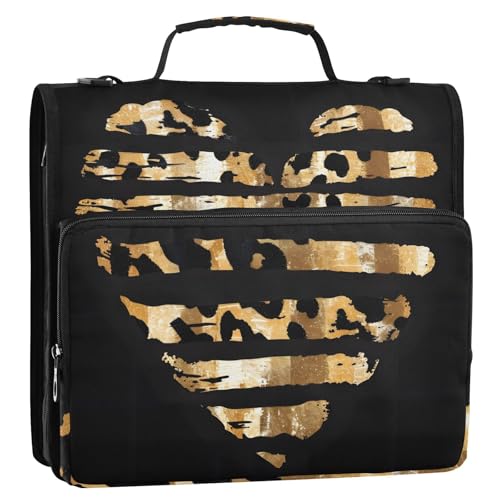 3 Ring Zipper Binder with Shoulder Strap Leopard Skin Golden Heart 1.5 inch Binders Keeper Large Capacity Multi Pockets for School Office Supplies - color: Multi472, size: Fit 500 Sheets