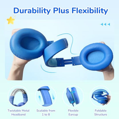 EarFun K3 Kids Headphones, Over Ear Headphones with Microphones, 85/94dB Safe Volume Limit, HD Stereo Sound, 3.5mm Jack, Foldable Wired Headphones for School/Travel/Boys/Girls/Tablet/iPad, Blue - color: Blue