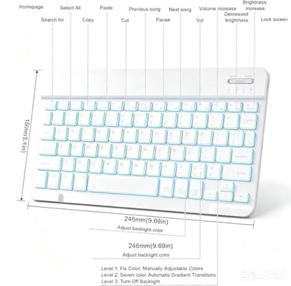 Mini Bluetooth Keyboard, Small Portable Wireless Rechargeable Keyboard with 7-Color RGB Backlit for iPad iPhone Android Samsung Tablet Smartphone(White) - color: White