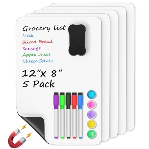 MaxGear Magnetic Whiteboard for Fridge 12x8 White 5 Pack | Strong Magnet, Dry Erase, Reusable, Easy Clean, Stain Resistant, Meal Planner, Grocery List, Family Notes, Kitchen Organizer - color: White