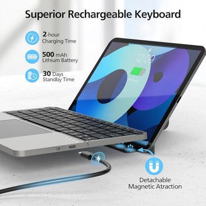 Mircopack Foldable Bluetooth Keyboard with Touchpad and Stand for iPad/iPhone/MacBook,3-Device Ultra Slim PU Leather Magnetic Cover Portable Rechargeable Keyboard for macOS and iOS-Gray - color: Grey