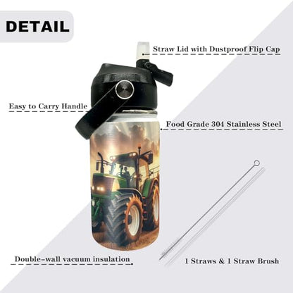 Tractor Kids Water Bottle 12oz Stainless Steel Insulated Bottle Vacuum Leak Proof Straw Lid with Double Wall BPA Free School (Color2) - color: Color2