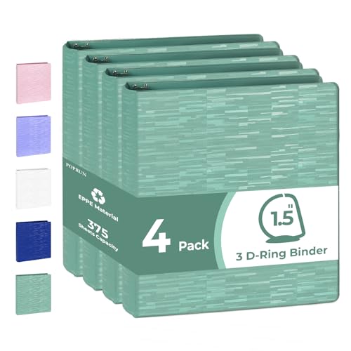 POPRUN D Ring Binder 1.5 Inch, 3 Ring Heavy-Duty PVC-Free (Fit 375 ct. 8-1/2"x11" Paper), 4 Pack with 2 Pockets for School Office Supplies, 4 Pack, Midnight Green - color: Midnight Green, size: 1.5 inch
