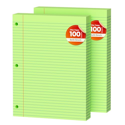 Green Loose Leaf Paper 200 Sheets Colored Filler Paper 2 Pack 8 * 10.5 College Ruled Paper 3-Hole Punched Paper for 3-Ring Binders Notebook Lined 8" x 10.5" - color: Green 2 Pack