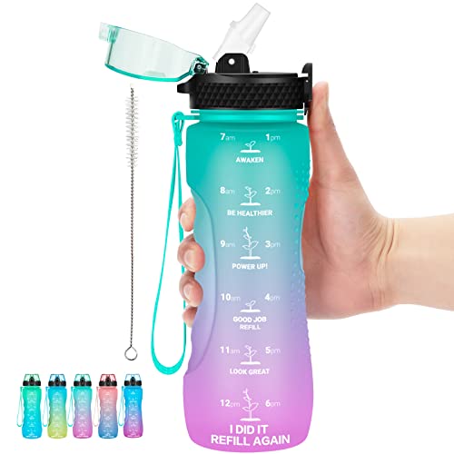 24 OZ Motivational Kids Water Bottle With Time Marker,Straw Lid,Leak Proof, Tritan BPA Free Sports Water Bottle Green-Purple(1 Lid) - color: Green Purple