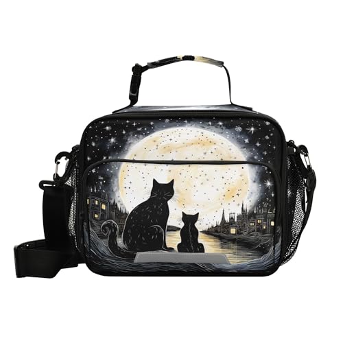MNSRUU Student Lunch Bag Black Cat Insulated DinnerTotes Picnic Bag Lunch Box with Adjustable Shoulder Strap for Teen Kids Adults - color: Cat I0685